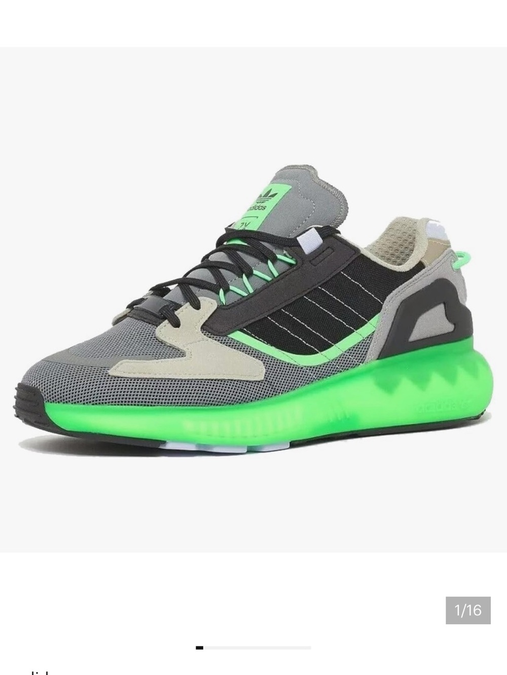 Adidas ZX 5K Boost sneakers in the Grey Screaming Green colorway, size 5